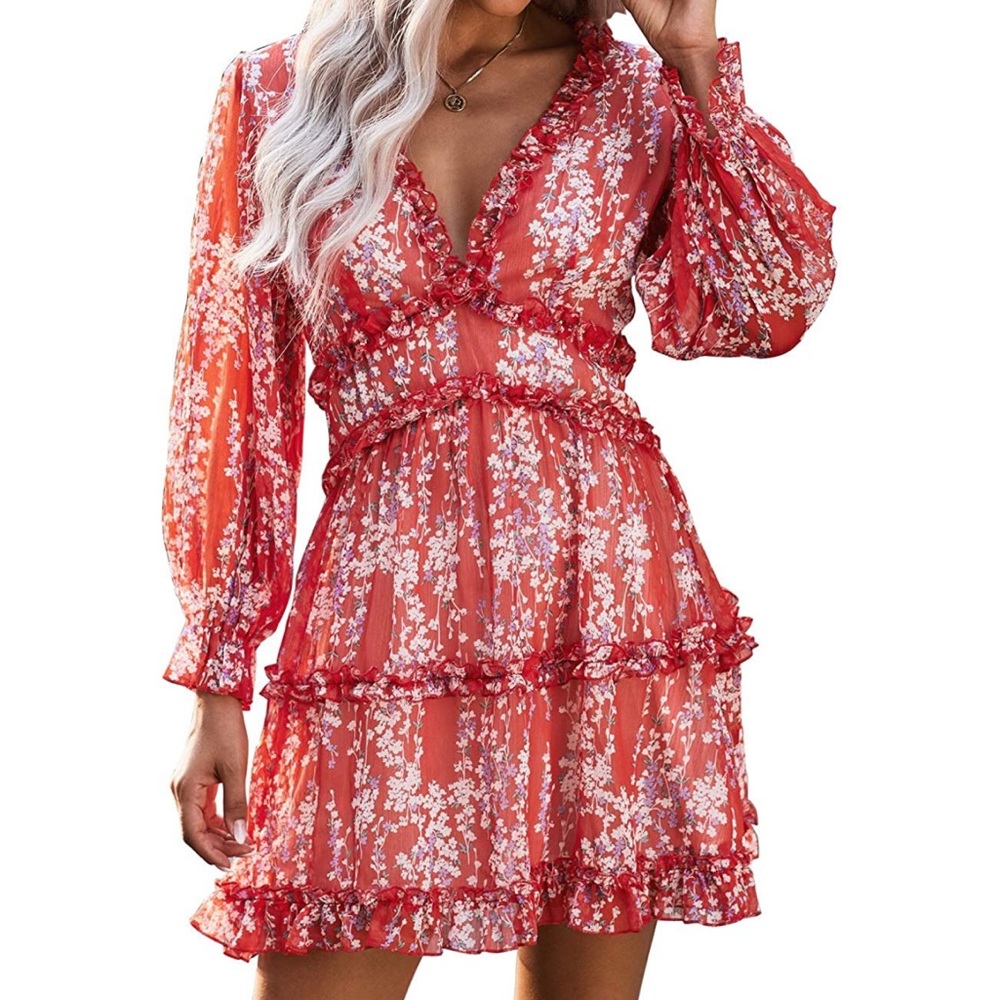 Red Open Back Floral Dress